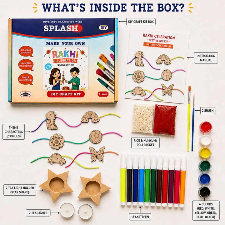 Paint-Your-Own Little Hand Theme Wooden Rakhi DIY Kit With Diyas Kumkum & Chawal | Set Of 6 | For Kids