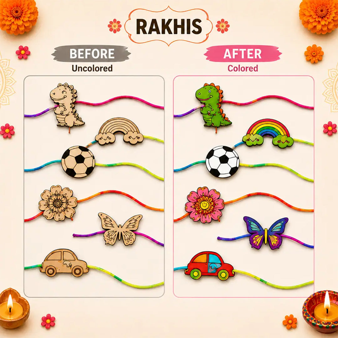 Paint-Your-Own Little Hand Theme Wooden Rakhi DIY Kit With Diyas Kumkum & Chawal | Set Of 6 | For Kids