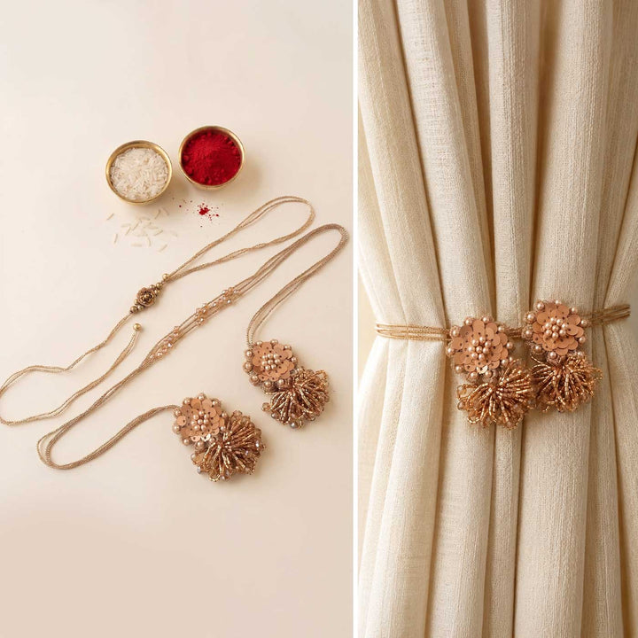 Handmade Moti Phool Couple Rakhi Lumba Set With Roli Chawal For Bhaiya Bhabhi