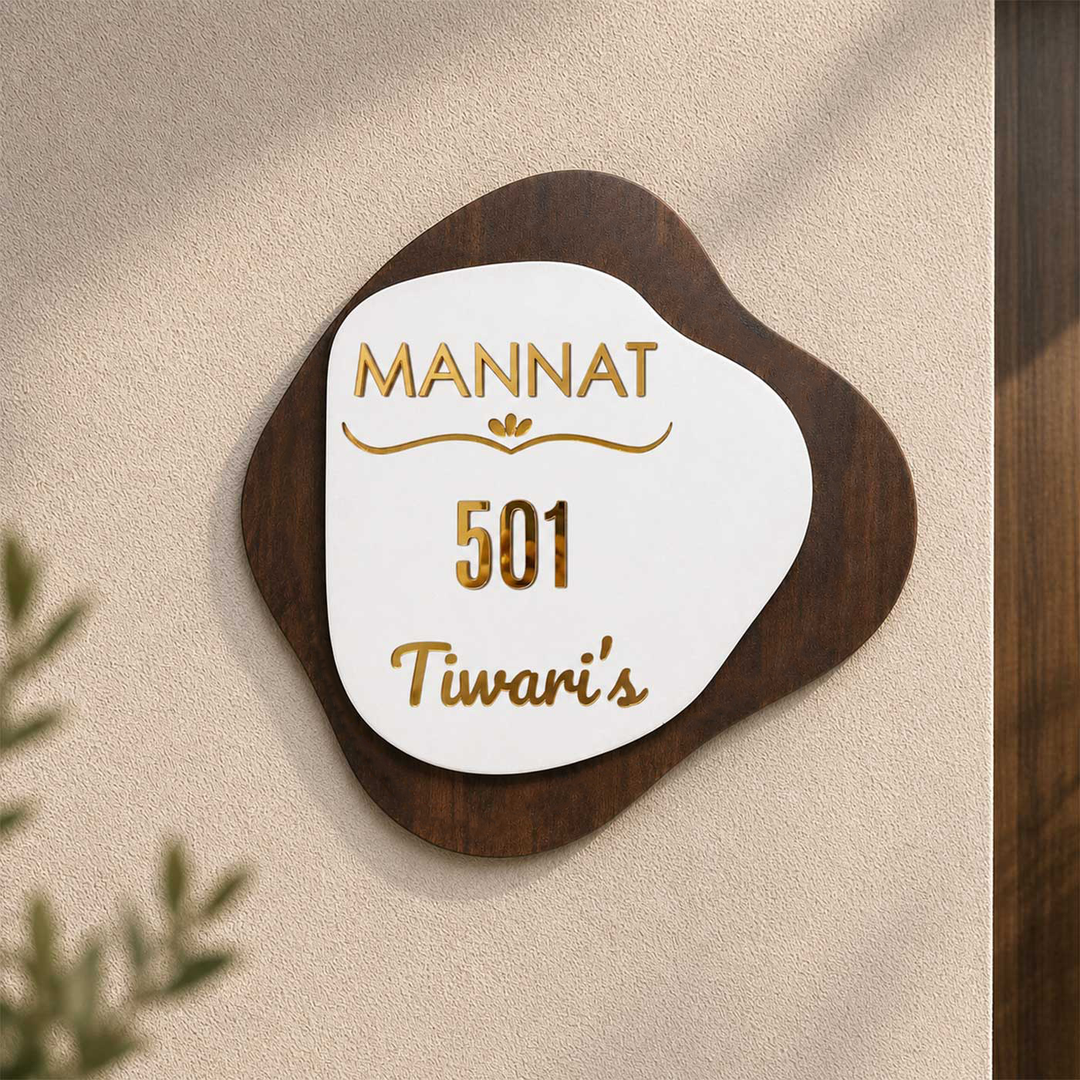 Personalized Layered Rubber Wood & Acrylic Name Plate With Golden Letters For Home
