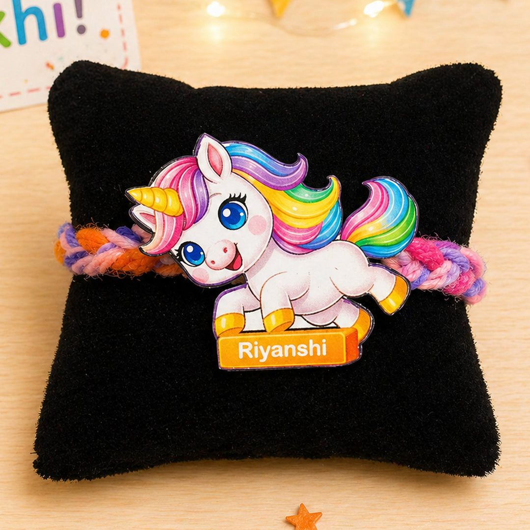 Personalized Reusable Unicorn MDF Wood Rakhi With Roli Chawal
