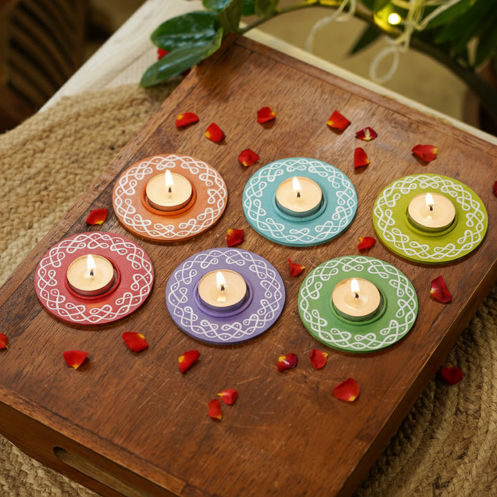 Hand-Painted Round Kolam MDF Wood Tealight Holders | Set Of 6