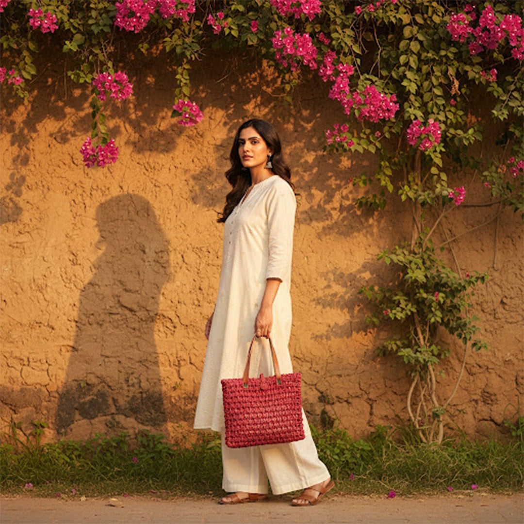 Handmade Grass Woven Leather Strap Box Shaped Red Sabai Mesh Tote Bag