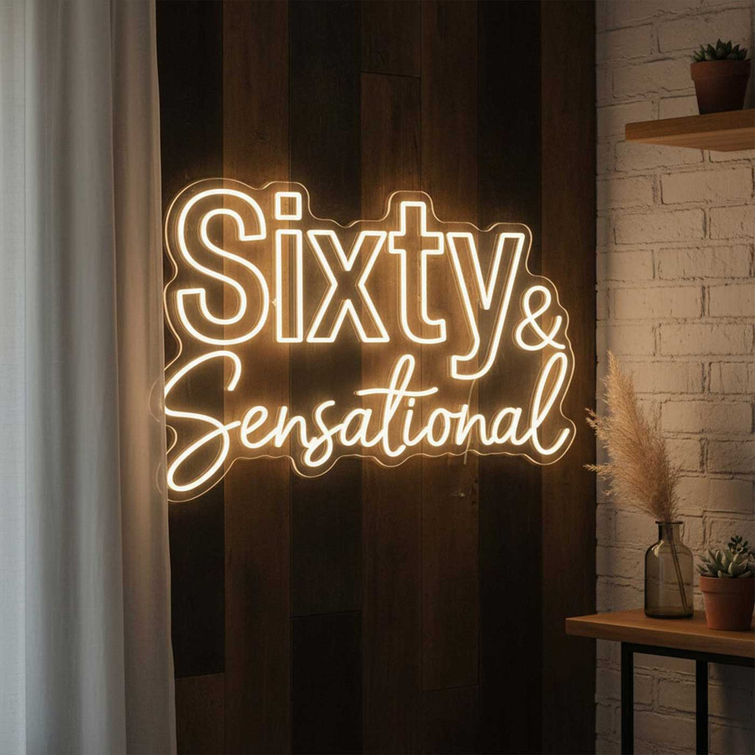 Personalized Handmade "Sixty & Sensational" Neon Light Sign Board For 60th Birthday Decor