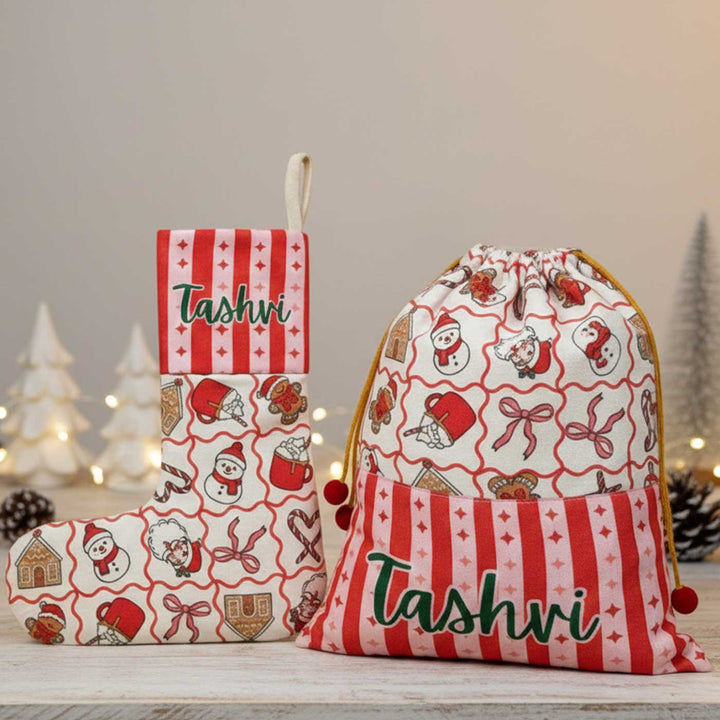 2 Pc | Personalized Handmade Felt Festive Stocking And Gift Sack Combo