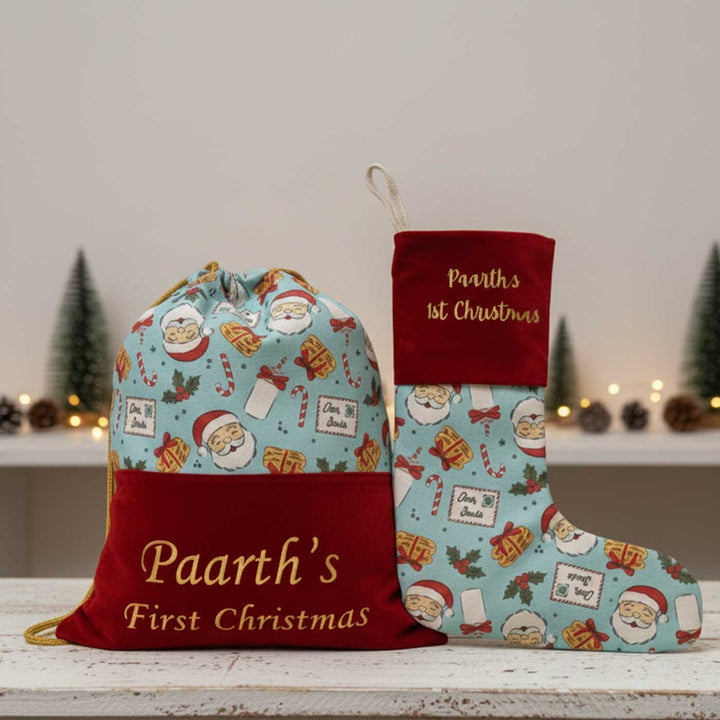2 Pc | Personalized Baby's First Christmas Stocking And Gift Sack Combo