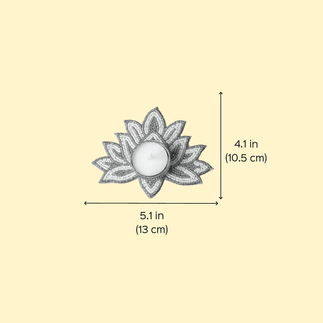 Handmade Beaded White & Golden Lotus Tealight Holders | Set Of 2