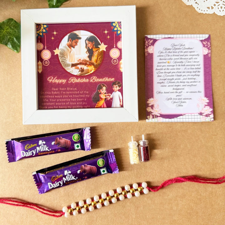 Rakhi Gift Hamper For Brother | Includes 1 Mini Photo Frame, 1 Rakhi, 1 Roli Chawal, 1 Letter And 2 Diary Milk