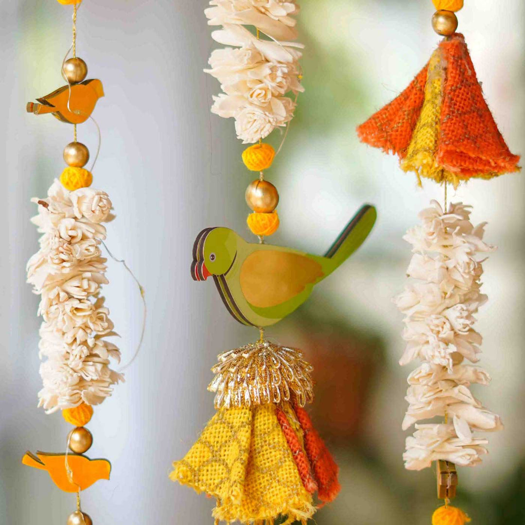 6 Pc | Handmade Parandi Bird Jute Wall Hanging Strings in Different Lengths With Shola Accents