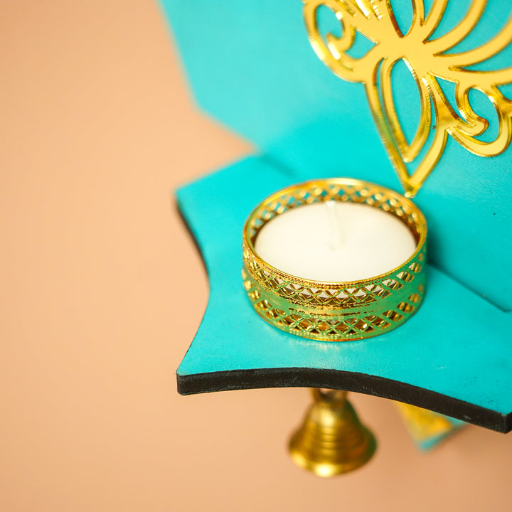 Handmade Decorative Blue Lotus Tealight Holder With Bell