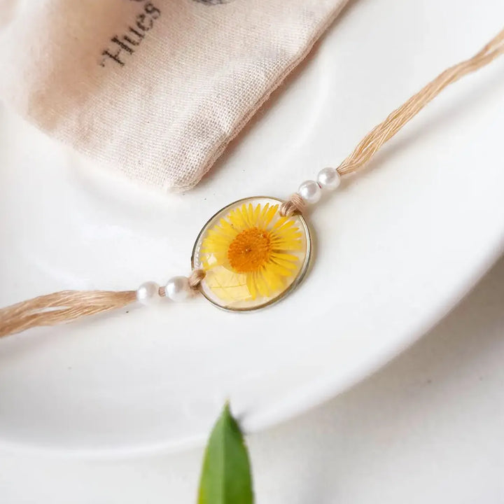 Handmade Preserved Flower Swarn Floral Resin Rakhi With Roli Chawal