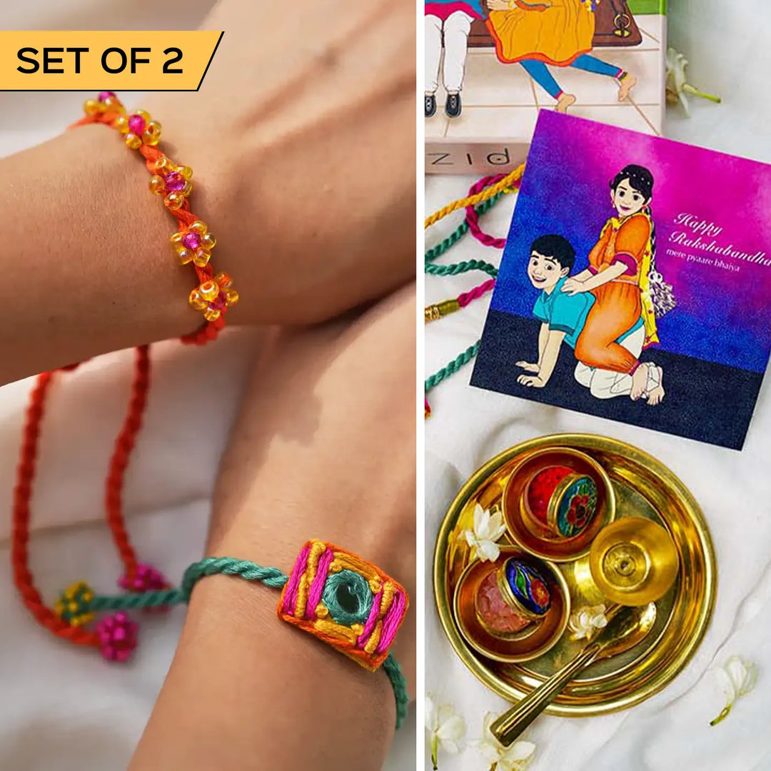 2 pc Rakhi + Brass Thali Set | Premium Pyar Ka Rang Embroidered & Beaded Rakhi Set with Roli Chawal