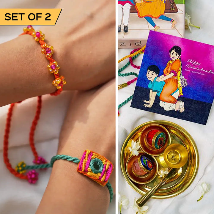 2 pc Rakhi + Brass Thali Set | Premium Pyar Ka Rang Embroidered & Beaded Rakhi Set with Roli Chawal
