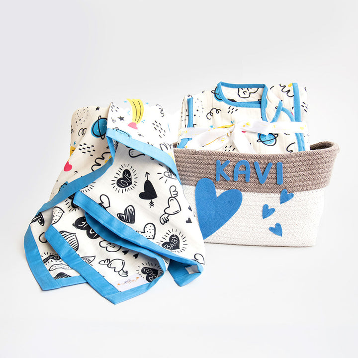 6 Pc | Personalized Doodle Hearts Infant Gift Basket | 0-4 Years