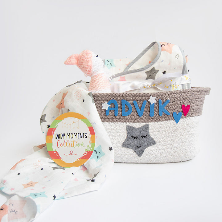 8 Pc | Personalized Twinkly Stars Baby Gift Basket | 0-4 Years