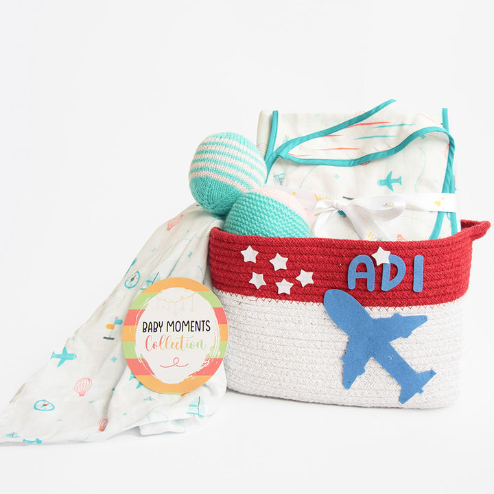 8 Pc | Personalized Lil Travellers  Baby Gift Basket | 0-4 Years