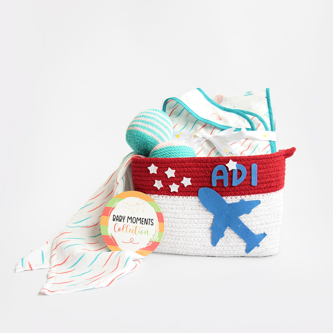 8 Pc | Personalized Doodle Rain Baby Gift Basket | 0-4 Years