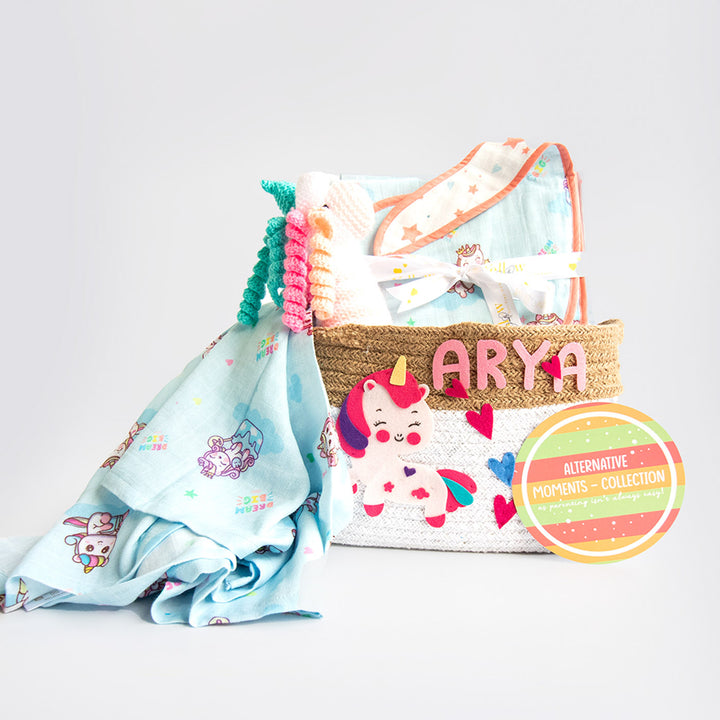 8 Pc | Personalized Unicorn Dreams Baby Gift Basket | 0-4 Years
