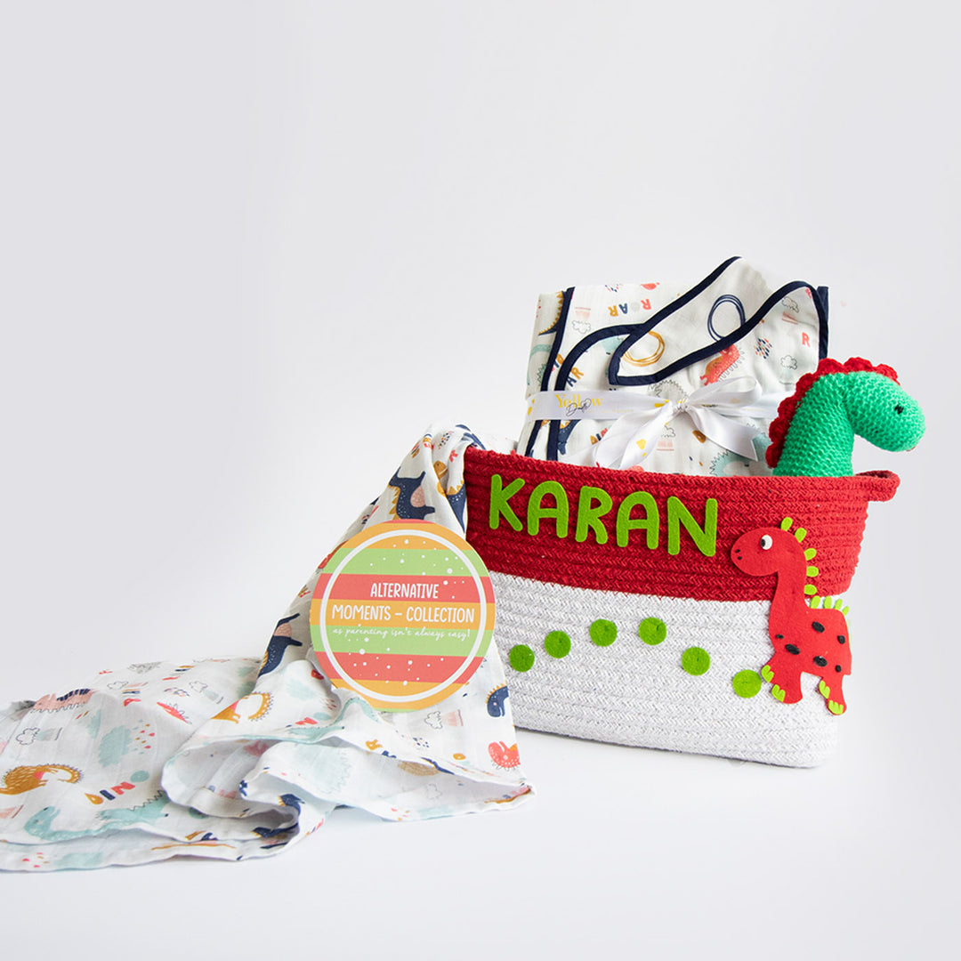 8 Pc | Personalized Dino Friend Baby Gift Basket | 0-4 Years