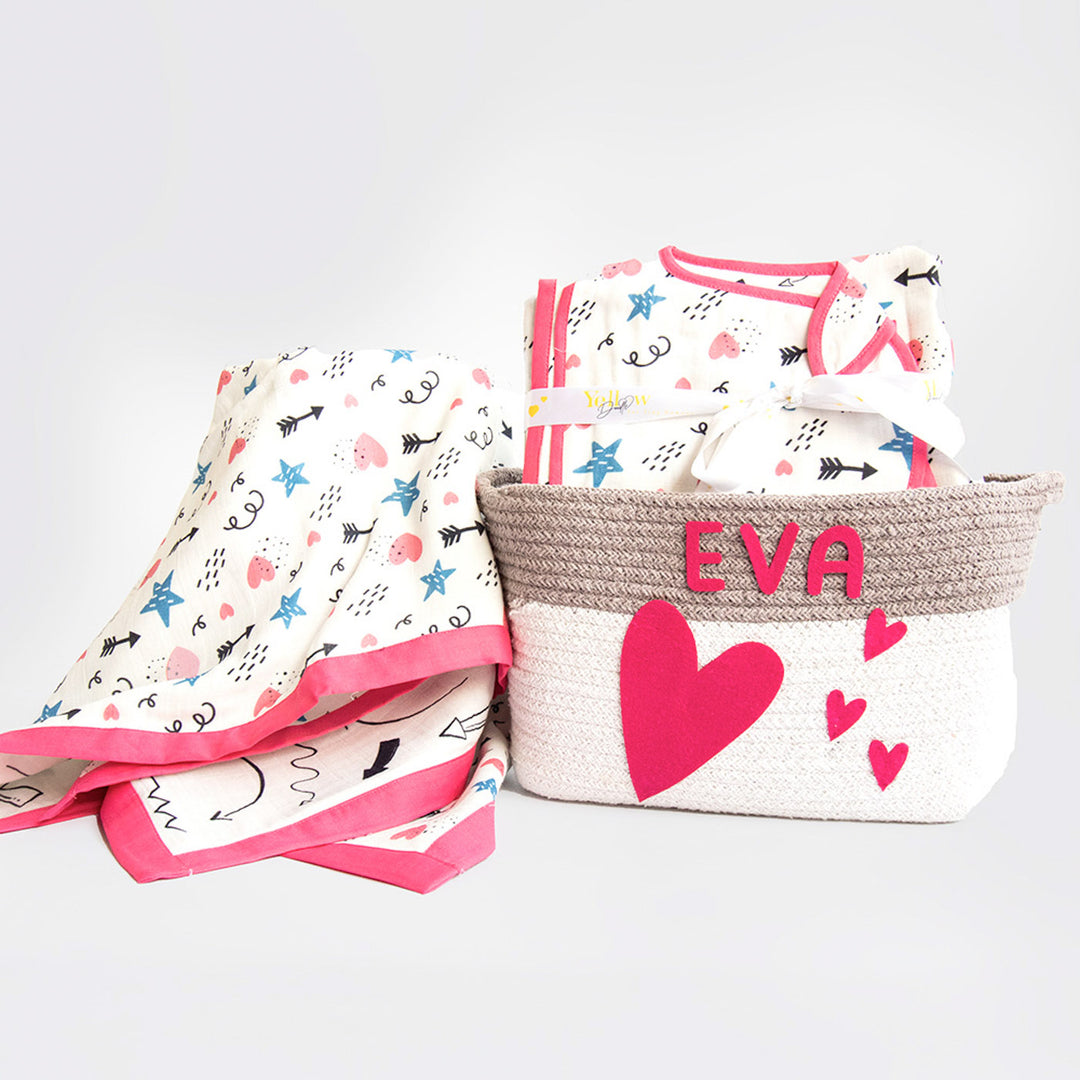 6 Pc | Personalized Doodle Arrows Baby Gift Basket | 0-4 Years