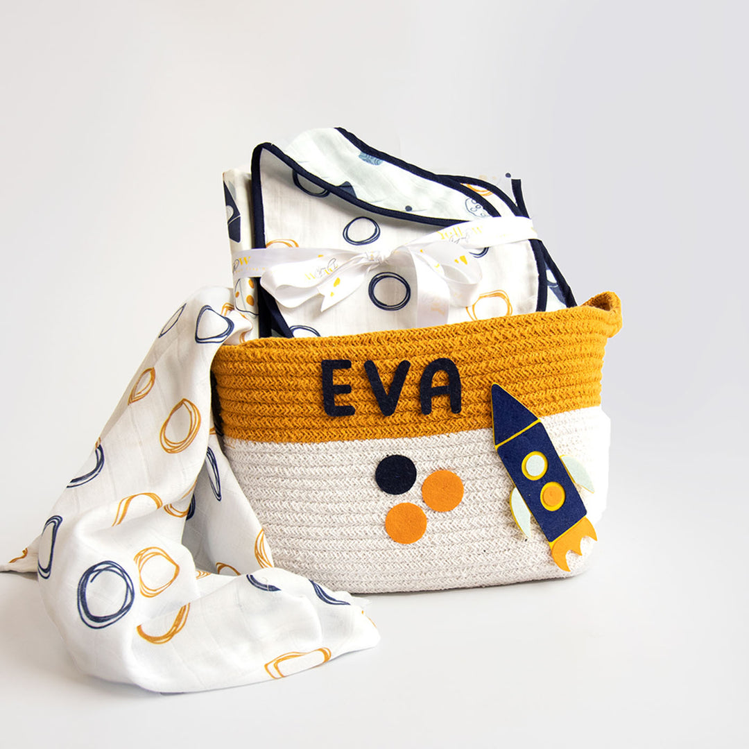 6 Pc | Personalized Doodle Circles Baby Gift Basket | 0-4 Years