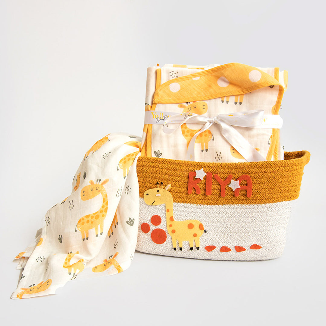 6 Pc | Personalized Giraffe Baby Gift Basket | 0-4 Years