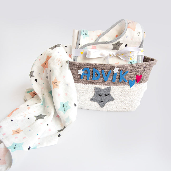6 Pc | Personalized Stars Theme Baby Gift Basket | 0-4 Years