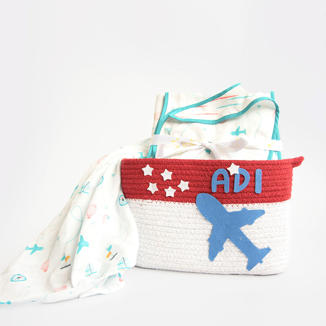 6 Pc | Personalized Lil Travellers Baby Gift Basket | 0-4 Years