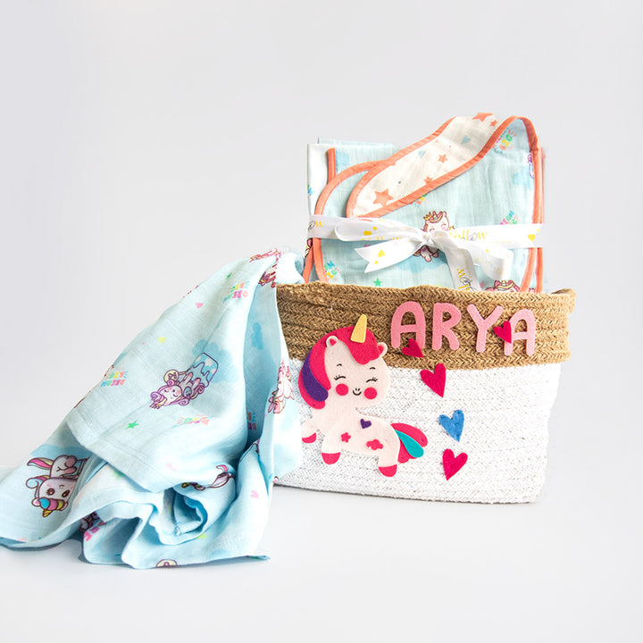 6 Pc | Personalized Unicorn Dreams Baby Gift Basket | 0-4 Years
