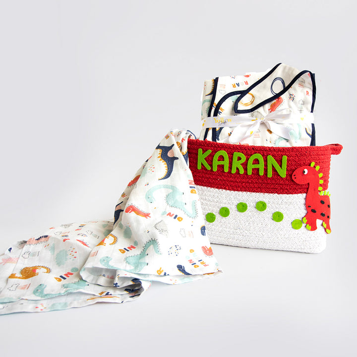 6 Pc | Personalized Dino Friend Baby Gift Basket | 0-4 Years