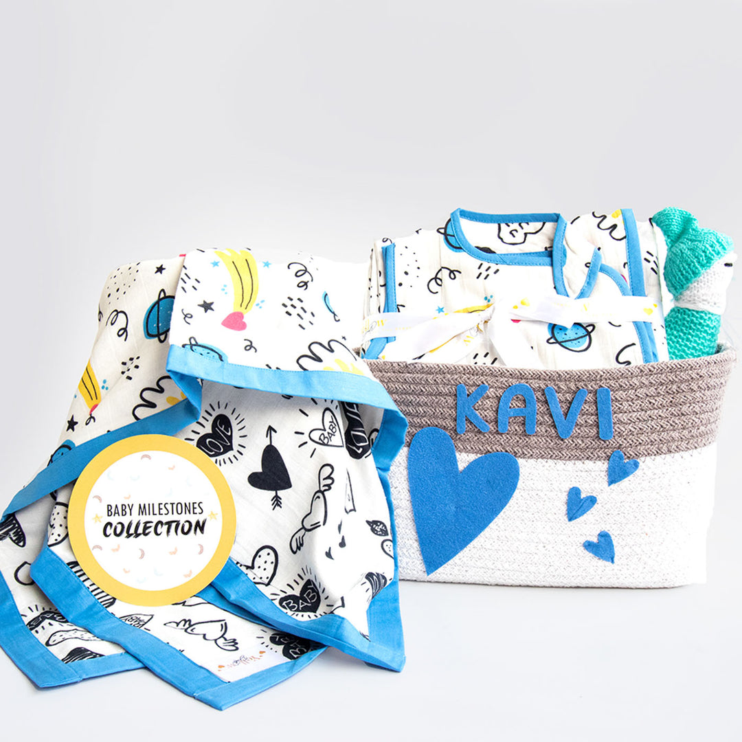 8 Pc | Personalized Doodle Hearts Baby Gift Basket | 0-4 Years