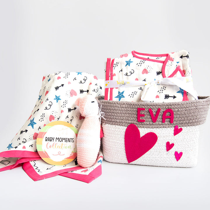 8 Pc | Personalized Doodle Arrows Baby Gift Basket | 0-4 Years