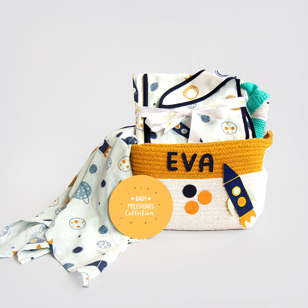 8 Pc | Personalized Space Theme Baby Gift Basket | 0-4 Years