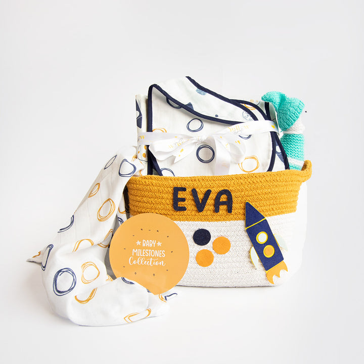 8 Pc | Personalized Doodle Circles Baby Gift Basket | 0-4 Years