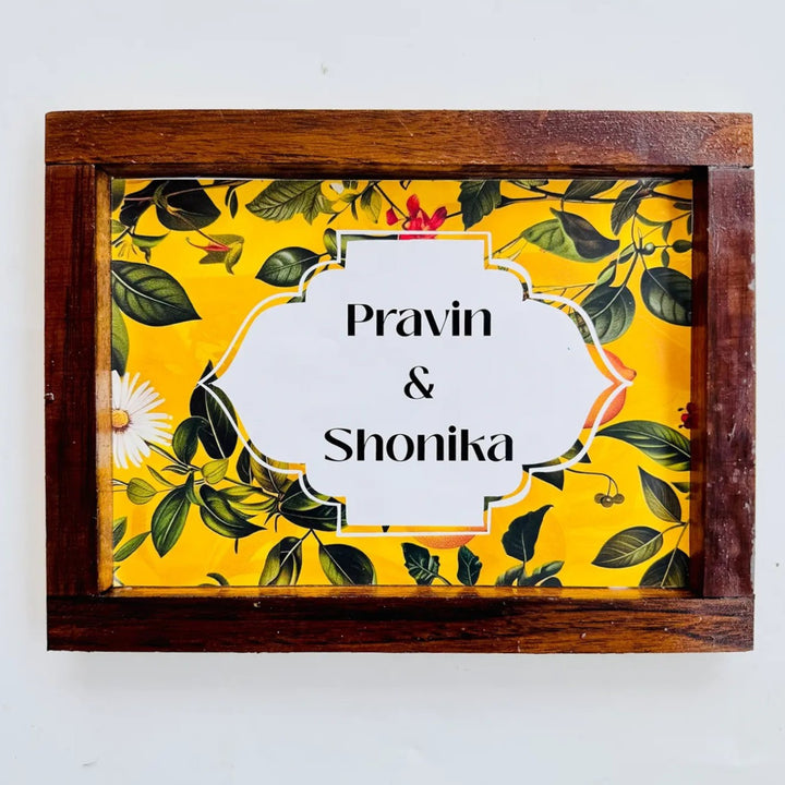 Personalized Yellow Garden Theme Resin Name Plate With Teak Wood Frame