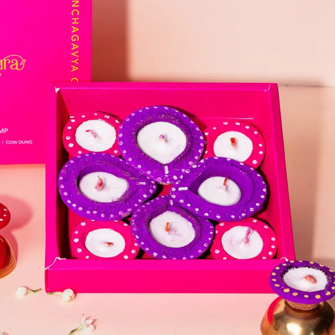 Handmade Panchagavya Ghee Diya Gift Box | Includes 4 Round Diyas, 4 Tilak Diyas