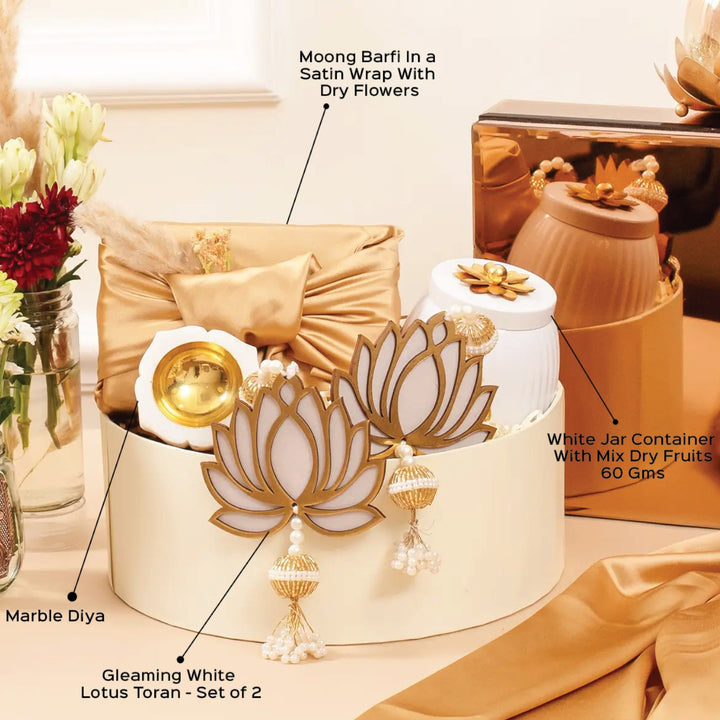 Lotus Limelights Diwali Gift Hamper | Includes 2 Lotus Hangings, 1 Marble Diya, 1 Moong Barfi Box, 1 Dry Fruits Jar, 1 Gift Box
