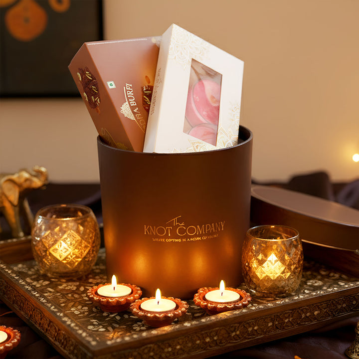 Diya & Delight Diwali Gift Hamper | Includes 1 Doda Barfi Box, 2 Tealight Candles, 1 Bouquet Box