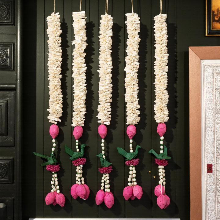 Handmade Magenta Majestic Shola Flower Hangings | Set Of 5