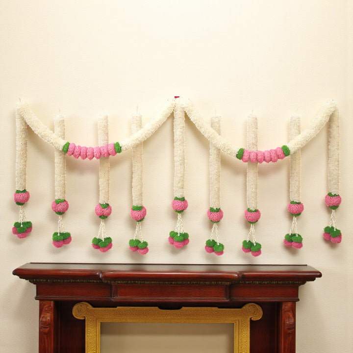 Bloom Royale White & Pink Shola Flower Entrance Decor | Includes Toran + 6 Hangings