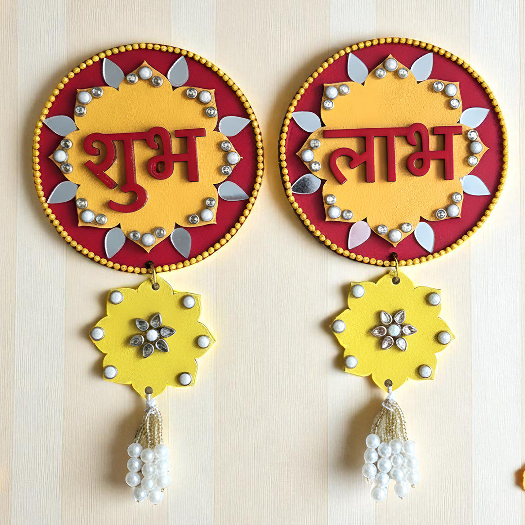 Hand-Painted Mirror Work & Moti Floral MDF Wood Shubh Labh Hangings | Set Of 2