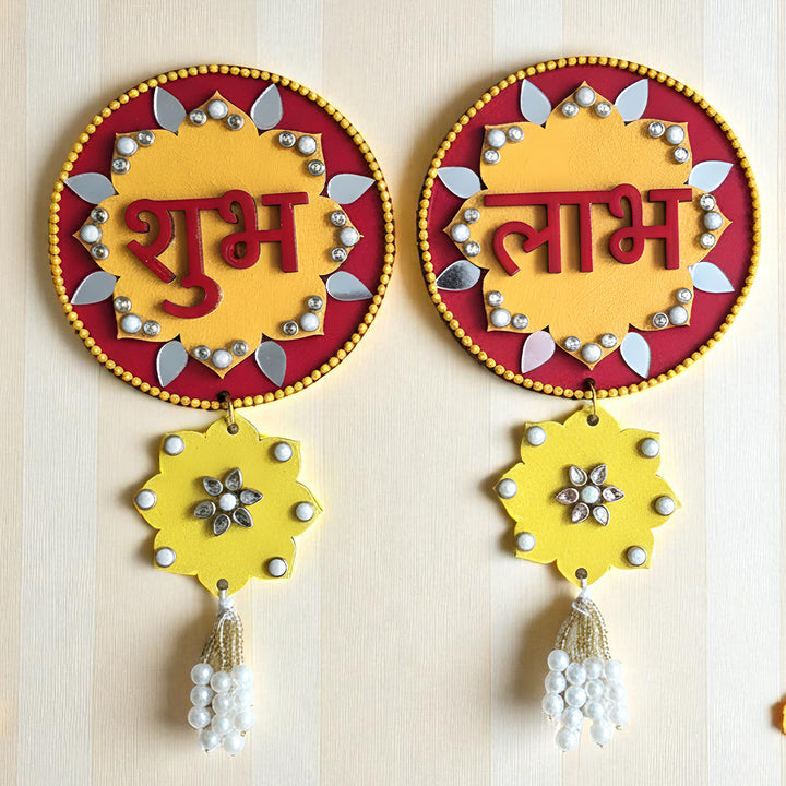 Hand-Painted Mirror Work & Moti Floral MDF Wood Shubh Labh Hangings | Set Of 2