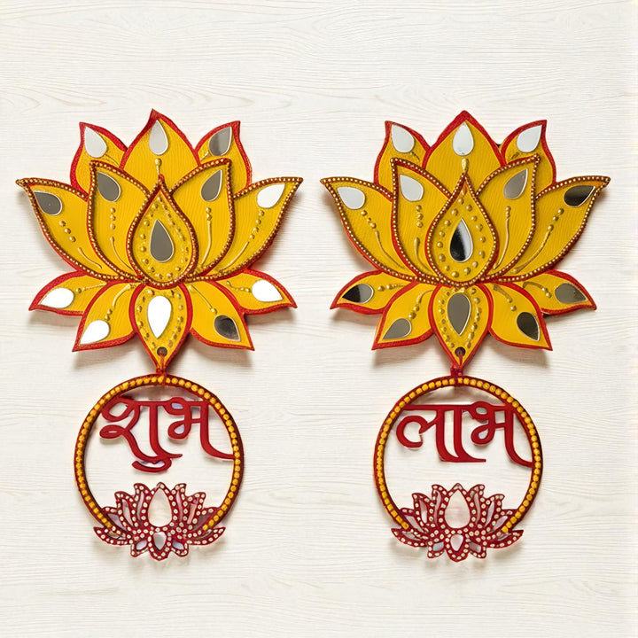 Hand-Painted Mirror Work Lotus Theme MDF Wood Shubh Labh Hangings | Set Of 2