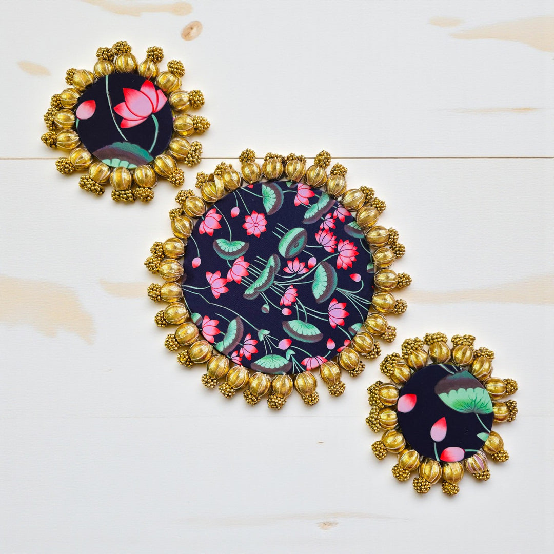 Handmade Gota Patti Round Lotus Pond Theme Rangoli Mat | Set Of 3