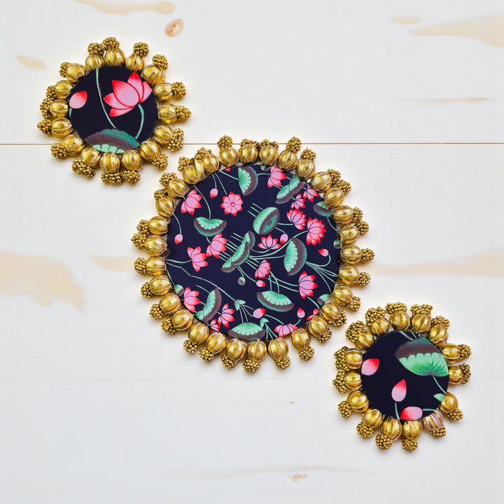 Handmade Gota Patti Round Lotus Pond Theme Rangoli Mat | Set Of 3