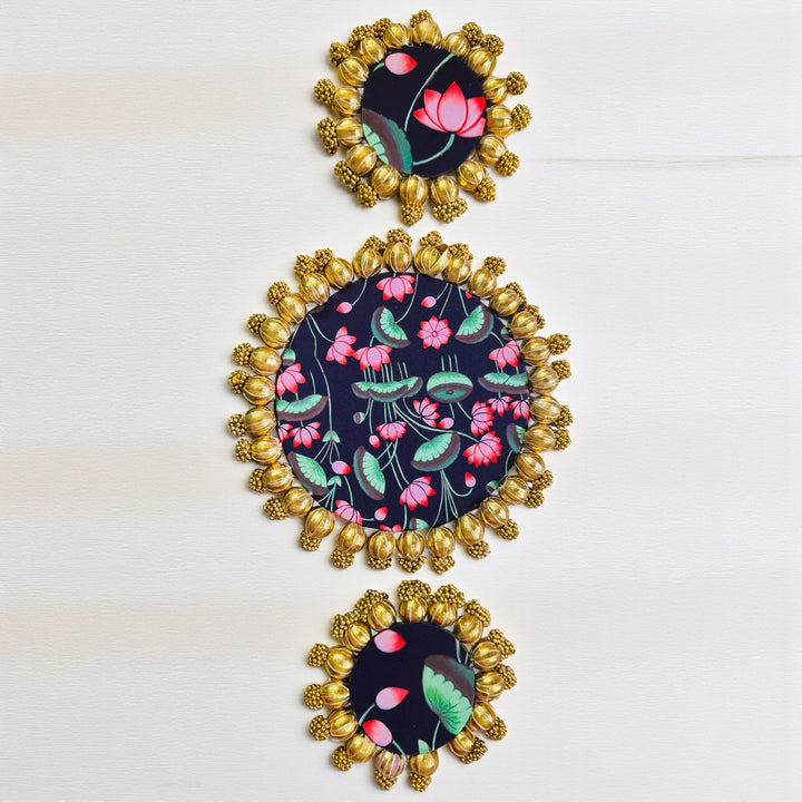 Handmade Gota Patti Round Lotus Pond Theme Rangoli Mat | Set Of 3