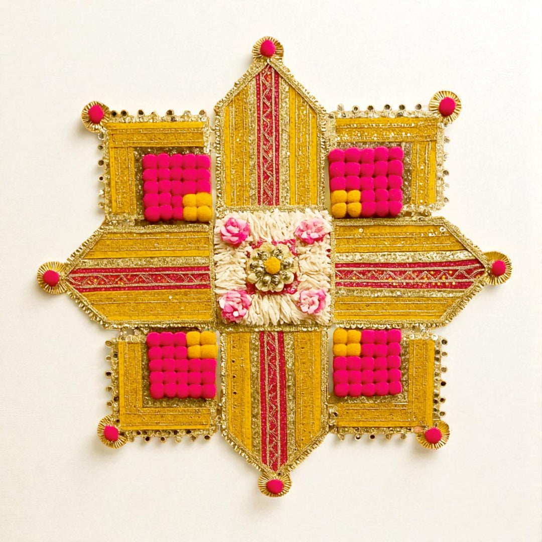 Reusable Embroidered Pink & Yellow Rangoli | Set Of 9