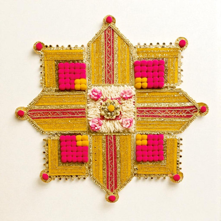 Reusable Embroidered Pink & Yellow Rangoli | Set Of 9