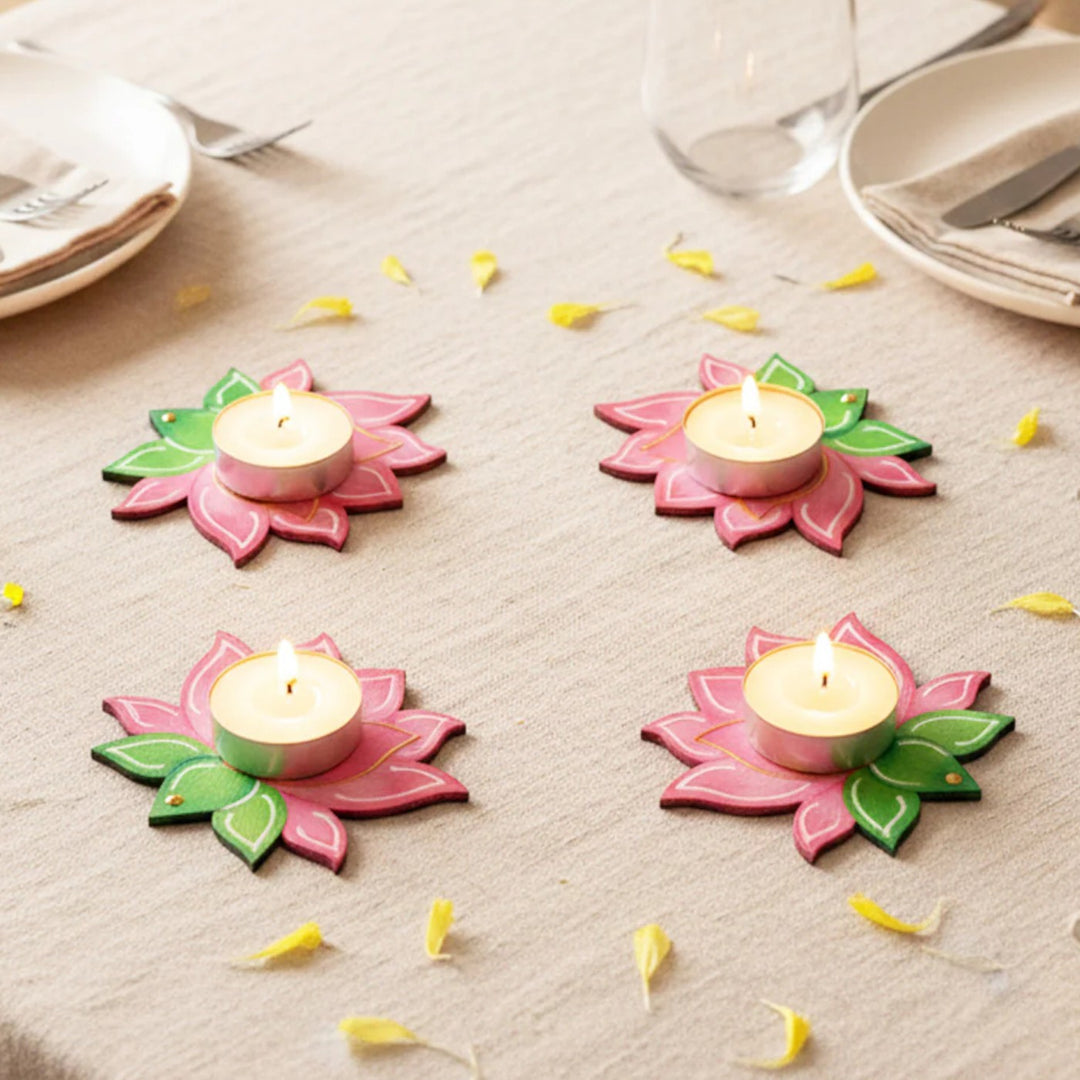 Hand-Painted Lotus MDF Wood Tealight Holder