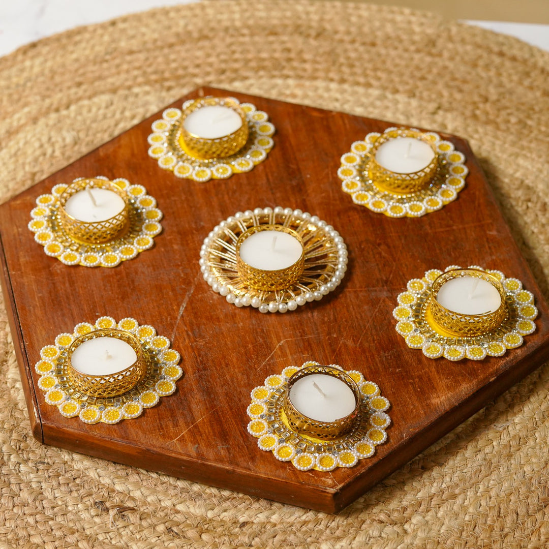 Handmade Beaded Yellow & White Tealight Holders | Set Of 7